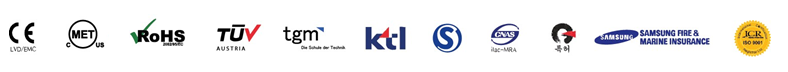 Logos des principales certifications du GWS : CE, RoHS, TUV, MET et autres normes internationales